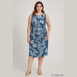 Signature by Robbie Bee Denim Blue and White Paisley Midi Dress